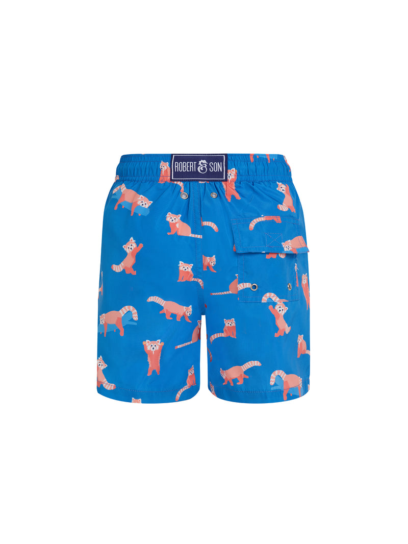 Designer blue red panda pattern swim shorts for men with pocket