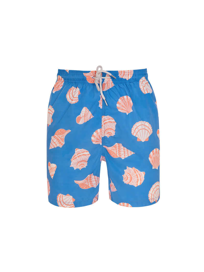 Stylish blue swim shorts for boys with shells pattern