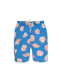 Designer blue swim shorts for men with sea shells pattern