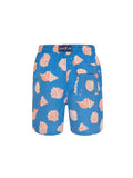 Stylish blue swim shorts for men with sea shells pattern and back pocket