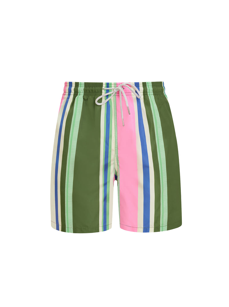 Green & Pink Stripe Men's Swim Shorts