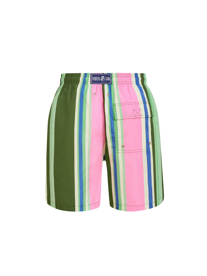 Green & Pink Stripe Men's Swim Shorts